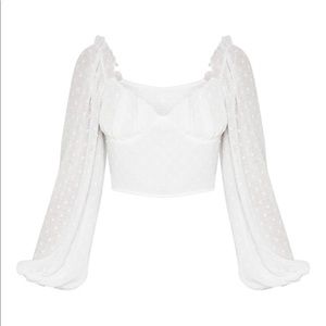 White Dobby Mesh Cup Long Sleeve Crop Top